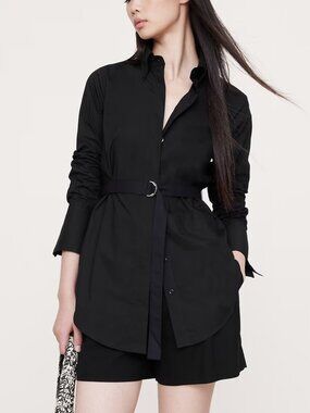 NWT Banana Republic Black Cotton Poplin Belted Button-Down Tunic Shirt XS